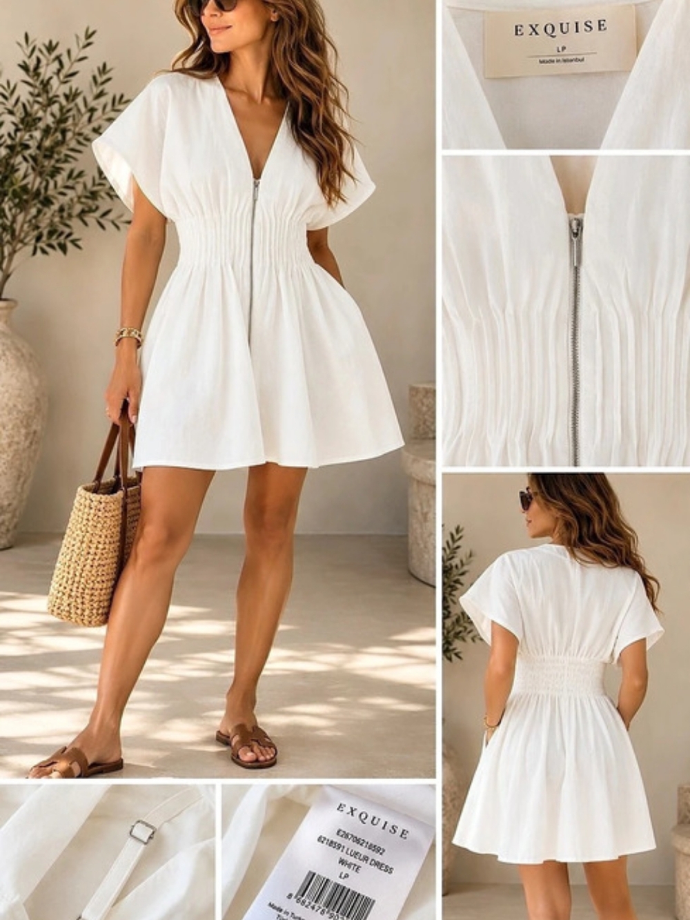 Exquise White Cotton Linen Blend Zip Front Dress Size LP NWOT